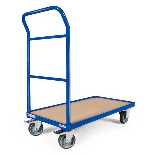 Tischwagen mit Holzplattform und blauem Stahlrahmen