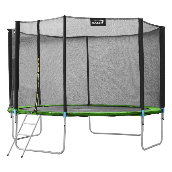 Hauki Trampolin Outdoor, Ø427 cm, Grün, GS geprüft, Rundes Gartentrampolin für Kinder bis 150 kg, Komplettset mit Sicherheitsnetz, Leiter, Randabdeckung, Gepolsterte Stangen, Stabile Kindertrampolin