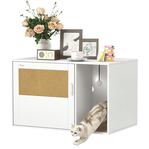 PawHut Katzenklo-Schrank Katzenschrank mit Loch, Katzentoilette mit Tür, Eingang, Kratzpad, Katzenklo Schrank für Katze unter 6 kg, 80 x 50 x 50 cm, Indoor, Weiß