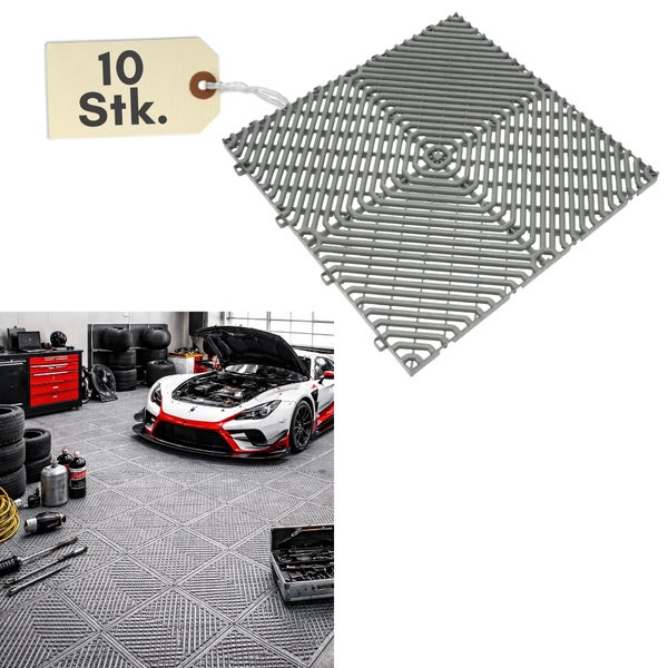 10 Stück graue Garagen-Bodenfliesen aus Kunststoff mit Gitterstruktur und Klicksystem sowie Anwendungsbeispiel in einer hellen Werkstatt.