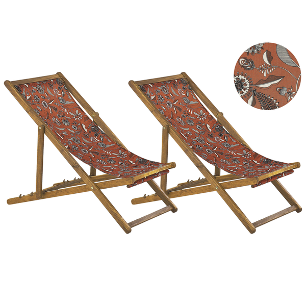 Set mit 2 klappbaren Liegestühlen ANZIO mit Ersatzstoffen Blumenmuster Akazienholz Hellbraun