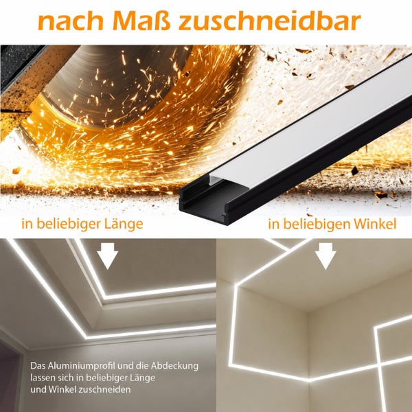 Zuschneidbares Aluminiumprofil für LED Streifen mit Abdeckung für individuelle Längen und Winkel zur Decken und Wandmontage.