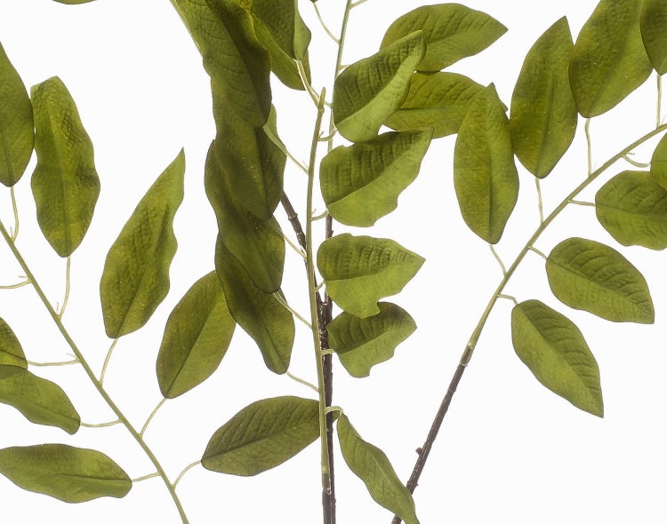 Nahaufnahme einer künstlichen Pflanze mit runden grünen Blättern an braunen Stielen.