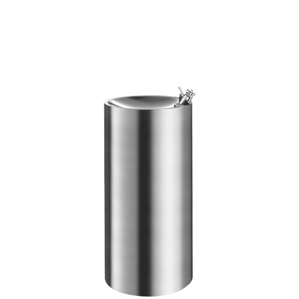 Freistehender Trinkbrunnen aus gebürstetem Edelstahl in zylindrischer Form mit Trinkarmatur.