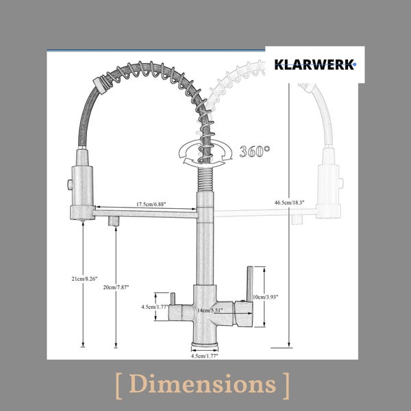 Maßzeichnung einer Klarwerk Küchenarmatur mit 360 Grad Schwenkbereich, Gesamthöhe circa 46,5 cm und Ausladung circa 17,5 cm. Klarwerk Logo.