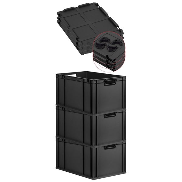 PROREGAL SuperSparSet 3x Eurobox NextGen Color mit Auflagedeckel und Schiebeschnappverschlüsse, HxBxT 32x40x60cm, 65 Liter, Schwarz, Griffe schwarz offen, Verstärkter Boden, Eurobehälter, Transportbox, Transportbehälter, Stapelbehälter