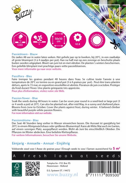 Buzzy Logo, Saat-Symbole und FSC Mix Verpackungssiegel für Passionsblume Blau