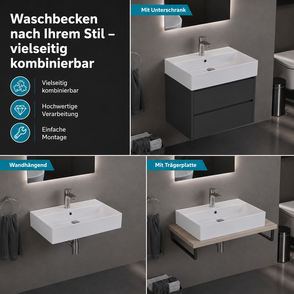 Waschbecken-Installationen: mit Unterschrank, wandhängend oder mit Trägerplatte. Vielseitig kombinierbar, hochwertige Verarbeitung, einfache Montage.