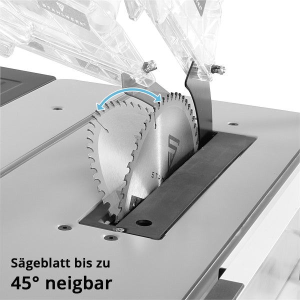Stahlwerk Tischkreissäge mit bis zu 45 Grad neigbarem Sägeblatt für Gehrungsschnitte.