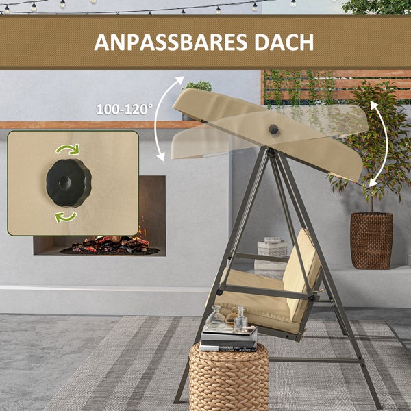Outsunny Hollywoodschaukel, 3-Sitzer Gartenschaukel mit Verstellbarem Dach, bis 360 kg Belastbar, 200 x 125 x 175 cm, Polyester, Netzstoff, Beige