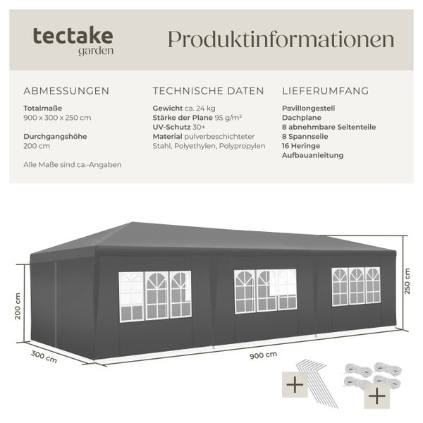 Pavillon tectake Miramas wasserdicht 9 x 3 m, im Stecksystem grau