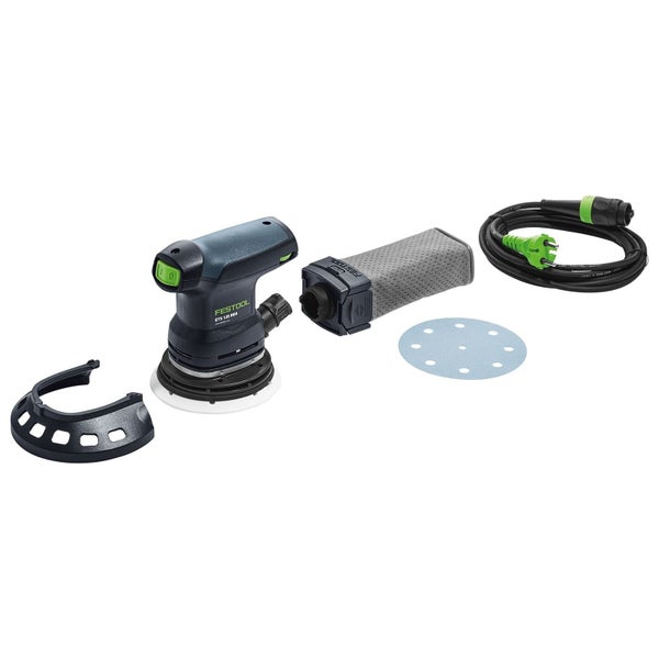 Festool ETS 125 REQ Exzenterschleifer Set mit Staubfangbeutel, Netzkabel, Schleifblatt und Protektor.