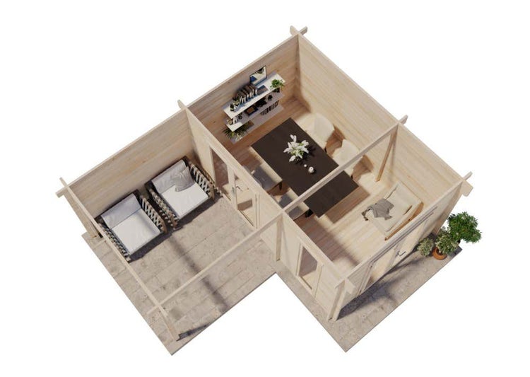 Draufsicht auf ein Gartenhaus aus hellem Holz mit zwei Innenräumen, einem Essbereich, einer Leseecke und einer Terrasse mit Loungemöbeln.