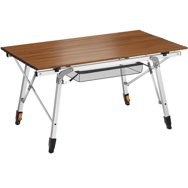 Klappbarer Campingtisch mit Rollplatte in Holzoptik, Aluminiumgestell und Netztasche unter der Tischplatte.