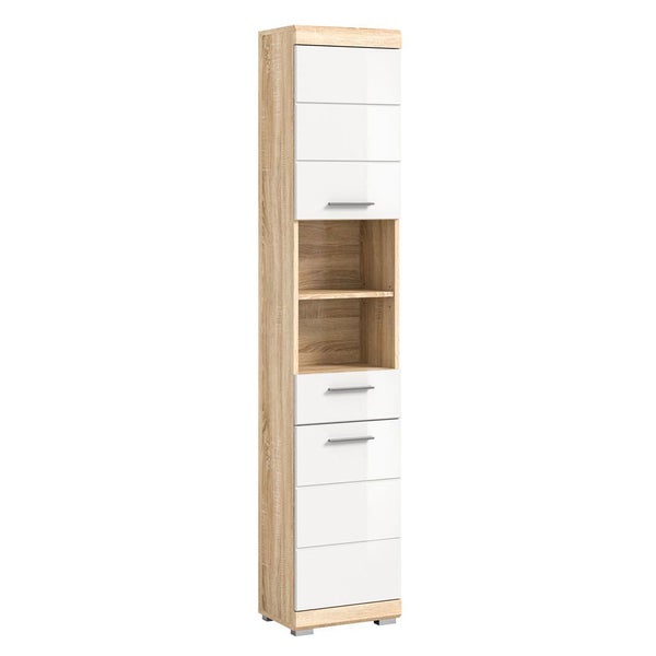 Lambada Hochschrank Bad 2 Türen, 1 Schublade, 2 Ablagen  Hochglanz weiß,Eiche dekor. 37 X 31 X 191 cm