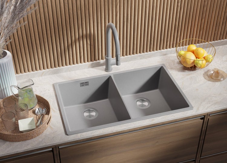 PRIMAGRAN Spülbecken Grau 76x47cm, Granitspüle 2 Becken + Ablauf-Set, Küchenspüle ab 80er Unterschrank - London Slim Twin