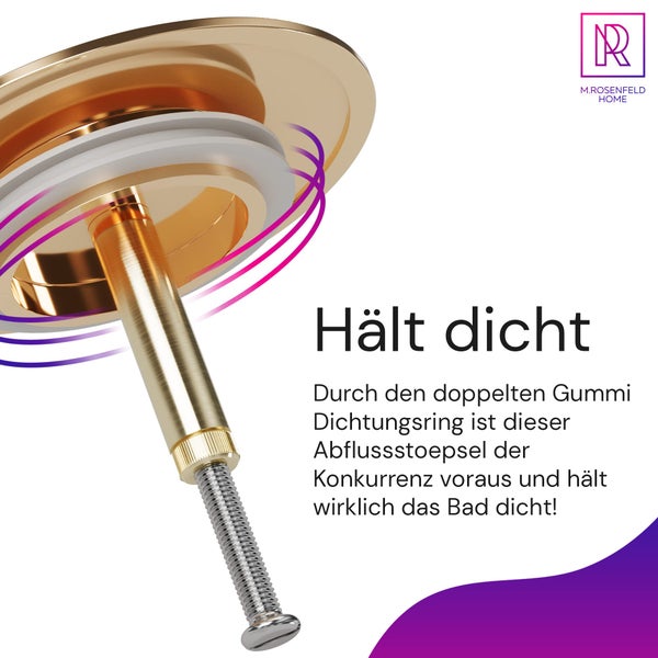 M. ROSENFELD HOME Gold Badewannenstöpsel Ø 72 - Gold Stöpsel Badewanne Gold aus Messing mit Doppel Dichtung - Rostfrei Badewannen Stöpsel Verschluss Badezimmer zubehör