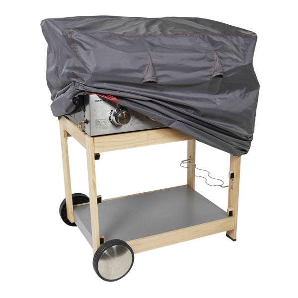 Gasgrill Miami 4B auf einem fahrbaren Holzgestell mit einer Wetterschutzhülle.