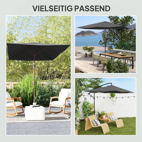 Verschiedene Sonnenschirme und Ampelschirme in unterschiedlichen Garten- und Terrassenszenarien.