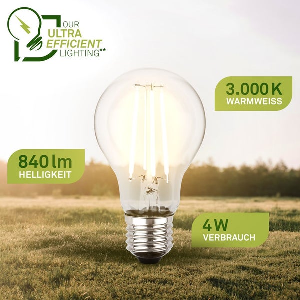 LED-Filament-Leuchtmittel E27, 4 Watt, 840 Lumen, 3000 Kelvin warmweiß, ultra-effiziente Beleuchtung.