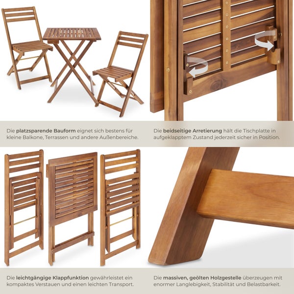 Klappbares Balkonmöbel Set aus geöltem Massivholz mit Tisch und zwei Stühlen, platzsparende Bauweise und beidseitige Arretierung.
