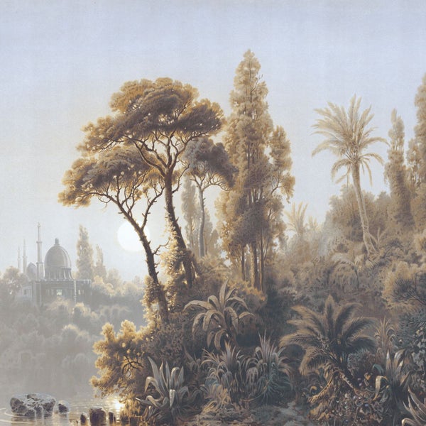 Gemälde einer orientalischen Landschaft mit Bäumen, Palmen, einem See und einem Gebäude im Hintergrund