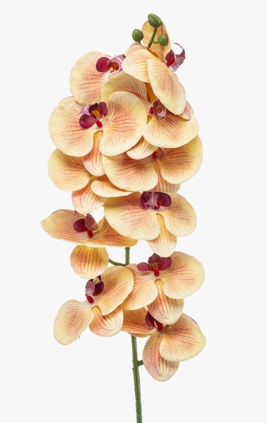 Künstlicher Orchideenzweig mit gelben Blüten und feiner Maserung, Kunstblume für die Dekoration aus Kunststoff und Textilfaser.