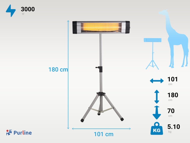 Purline Heizstrahler mit Stativ, 3000 Watt, Abmessungen: 180 x 101 x 70 Zentimeter, Gewicht: 5,10 Kilogramm