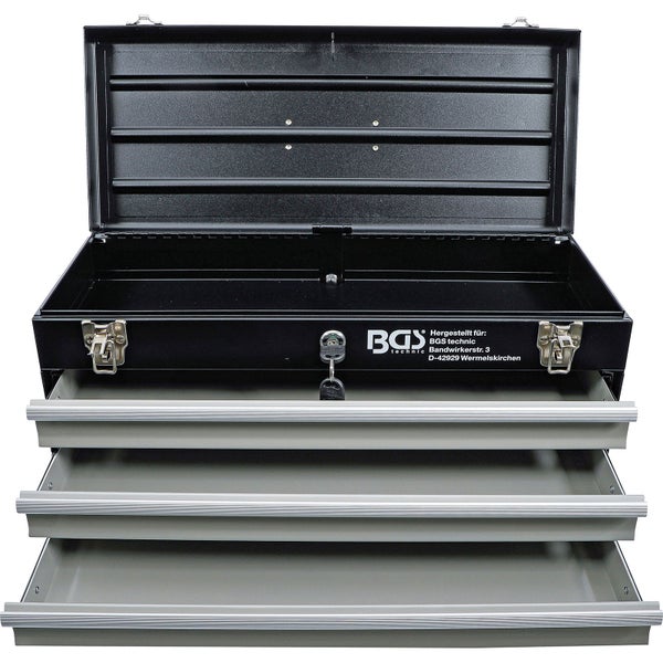 BGS technic Werkzeugkoffer aus Metall mit drei Schubladen, Tragegriff, seitlichen Griffen und abschließbarem Deckel.