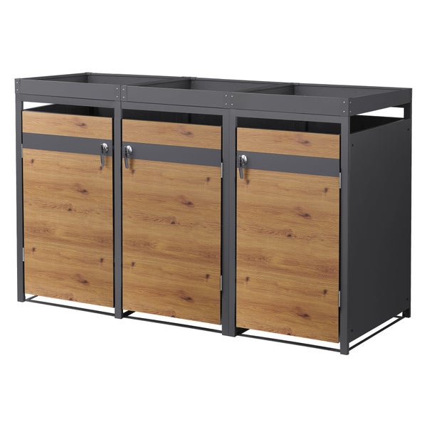 Mülltonnenbox für 3 Tonnen mit Metallrahmen und Türen in Holzoptik, abschließbar.
