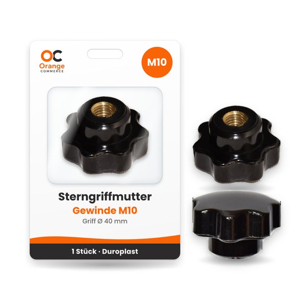 Sterngriffmutter aus Duroplast mit M10 Gewinde und 40 Millimeter Griffdurchmesser in der Blisterverpackung