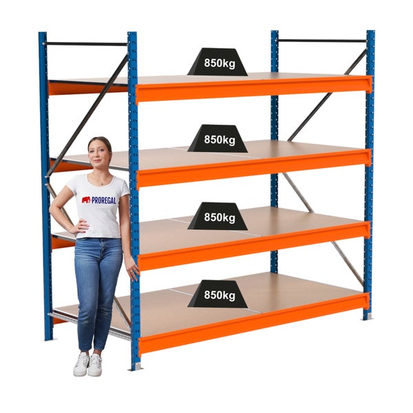 Schwerlastregal mit vier Ebenen und einer Traglast von 850 Kilogramm pro Ebene