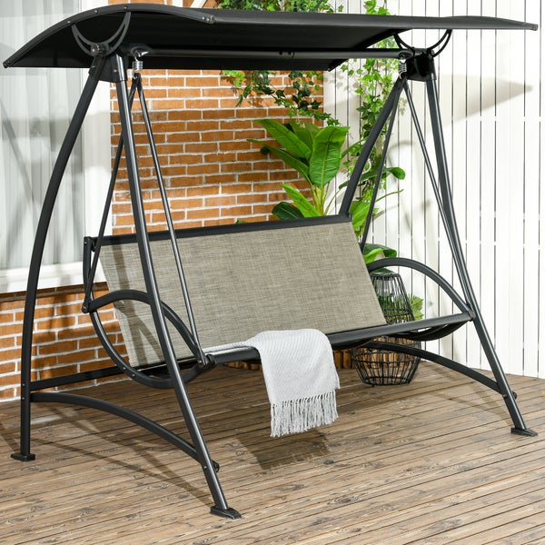 Outsunny Hollywoodschaukel, 3-Sitzer Gartenschaukel mit Verstellbarem Sonnendach, UV-Schutz, bis 330 kg Belastbar, Terrasse, Texteline, Schwarz