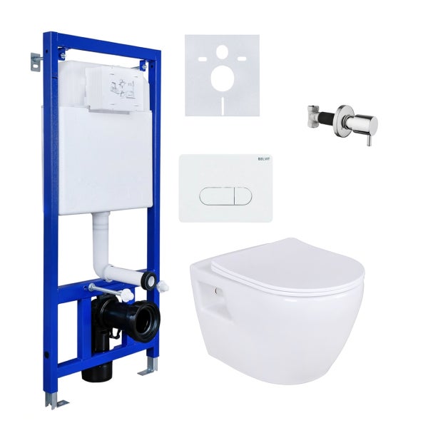 Wand-WC-Set bestehend aus Montageelement mit Spülkasten, Keramik-WC, weißer Betätigungsplatte und Schallschutzmatte.