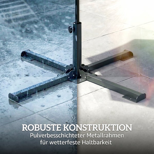 Sonnenschirmständer aus pulverbeschichtetem Metall, wetterfeste und robuste Konstruktion, dargestellt bei Regen und Sonnenschein.