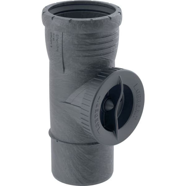 Geberit Silent-Pro Reinigungsrohr aus Kunststoff für Abwasserleitungen mit rundem Schraubverschluss und Geberit Logo.