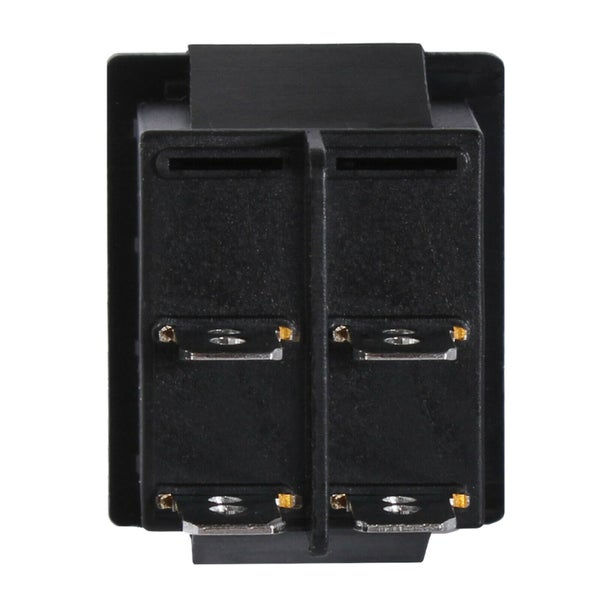 Schwarzer Wippschalter mit vier Flachsteckanschlüssen aus Metall, Rückansicht.