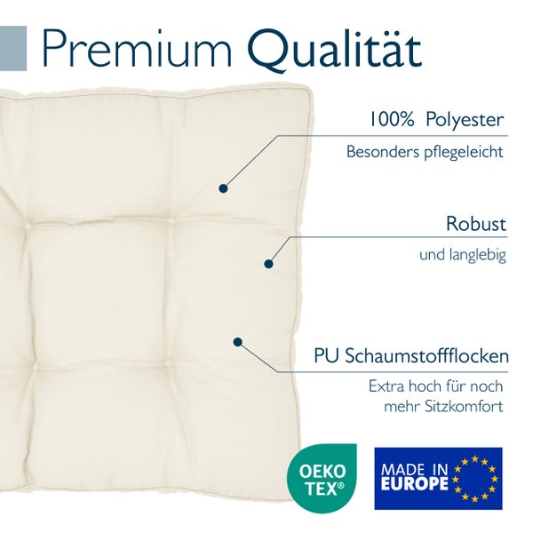 Sitzkissen aus Polyester mit Polyurethan Schaumstoffflocken Füllung und Informationen zu Materialeigenschaften Oeko Tex und Made in Europe Siegel