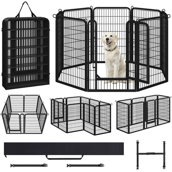 Mehrere Ansichten eines schwarzen Hundeauslaufs mit Hund darin, zusammengeklappt, in verschiedenen Formen und mit Zubehör.