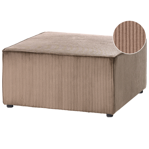 Quadratischer Hocker mit Cord-Bezug und Detailansicht der Stoffstruktur.