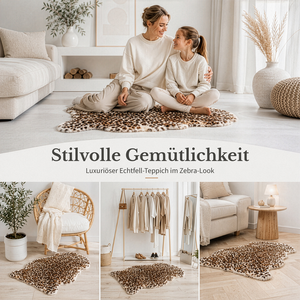 Luxuriöser Echtfell-Teppich mit Leoparden-Muster in verschiedenen hellen Wohnräumen, darunter ein Wohnzimmer mit Sofa und ein Bereich mit Rattansessel.