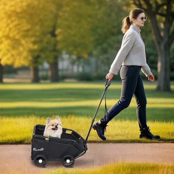 Frau zieht einen Hund im PawHut Hundeanhänger durch einen Park