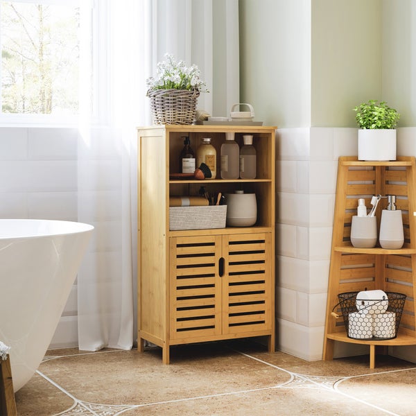 kleankin Badezimmerschrank, Unterschrank aus Bambus, Badschrank mit Lamellentüren, Beistellschrank, Mehrzweckschrank mit Kippschutz, Landhausstil, Naturholz, 50 x 29 x 92 cm