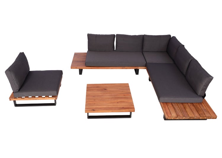 Garten-Lounge-Set bestehend aus einem Ecksofa, einem Sessel und einem Couchtisch aus Holz und Metall mit dunklen Polstern.