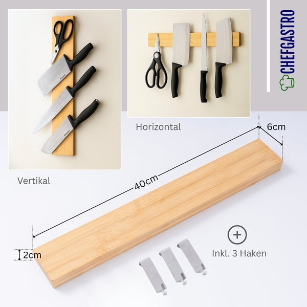 Magnetleiste aus Bambus für Messer, 40 x 6 x 2 Zentimeter, inklusive 3 Haken, horizontal und vertikal montierbar, CHEFGASTRO Logo.