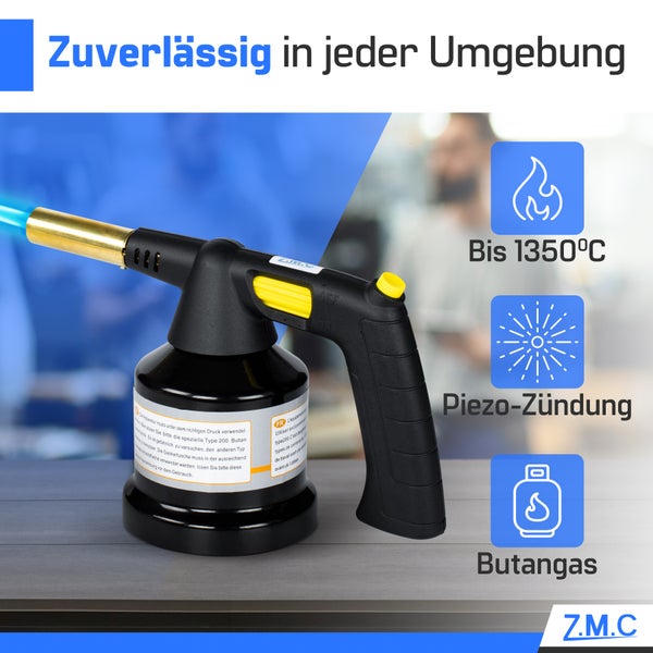 ZMC Gasbrenner 1,3 kW + 4 Gaskartuschen 190g, Schweißbrenner Flambierbrenner bis zu 1350°C, Bunsenbrenner Lötbrenner Brenneraufsatz, Küchenbrenner mit einstellbare Flamme, mit Piezo-Zündung