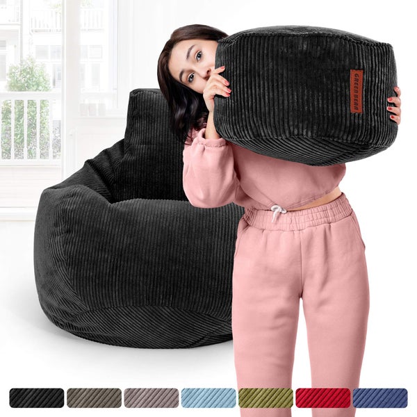 Green Bean Sitzsack mit Hocker aus Cord - Sitzsäcke für das Wohnzimmer, Schlafzimmer, Sitzsack-Sessel für Erwachsene Schwarz