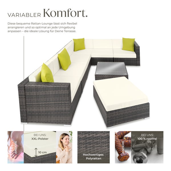 Rattan Lounge tectake Marbella mit Sicherheitsglasplatte mit Aluminiumgestell grau