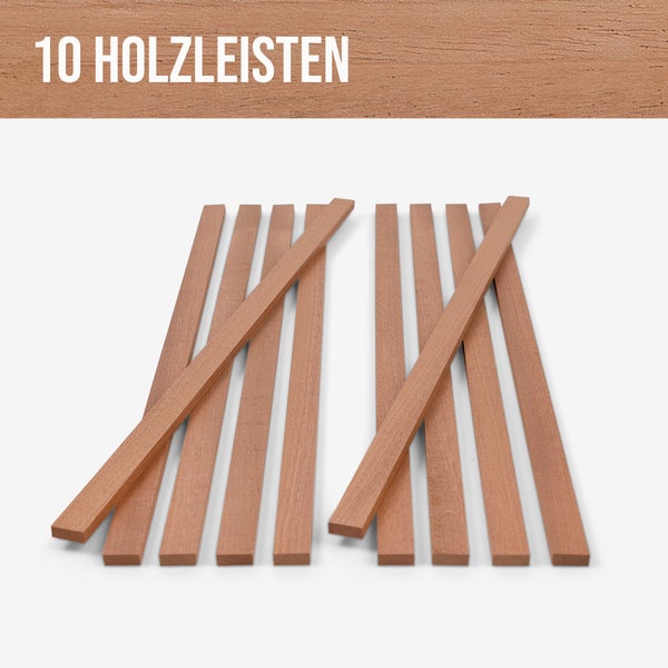 Zehn rechteckige Holzleisten aus Massivholz für Bastelarbeiten und Heimwerkerprojekte.