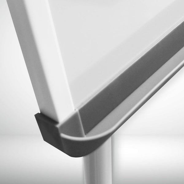 Detailansicht einer Whiteboard-Ablageschale für Marker mit Aluminiumrahmen.